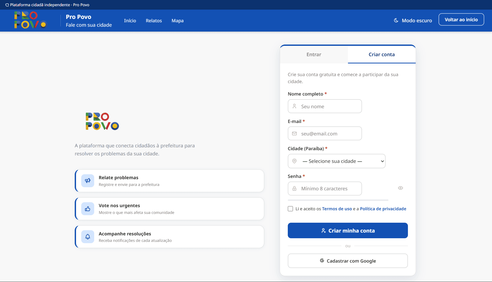 Tela de cadastro do Pro Povo, aba Criar conta