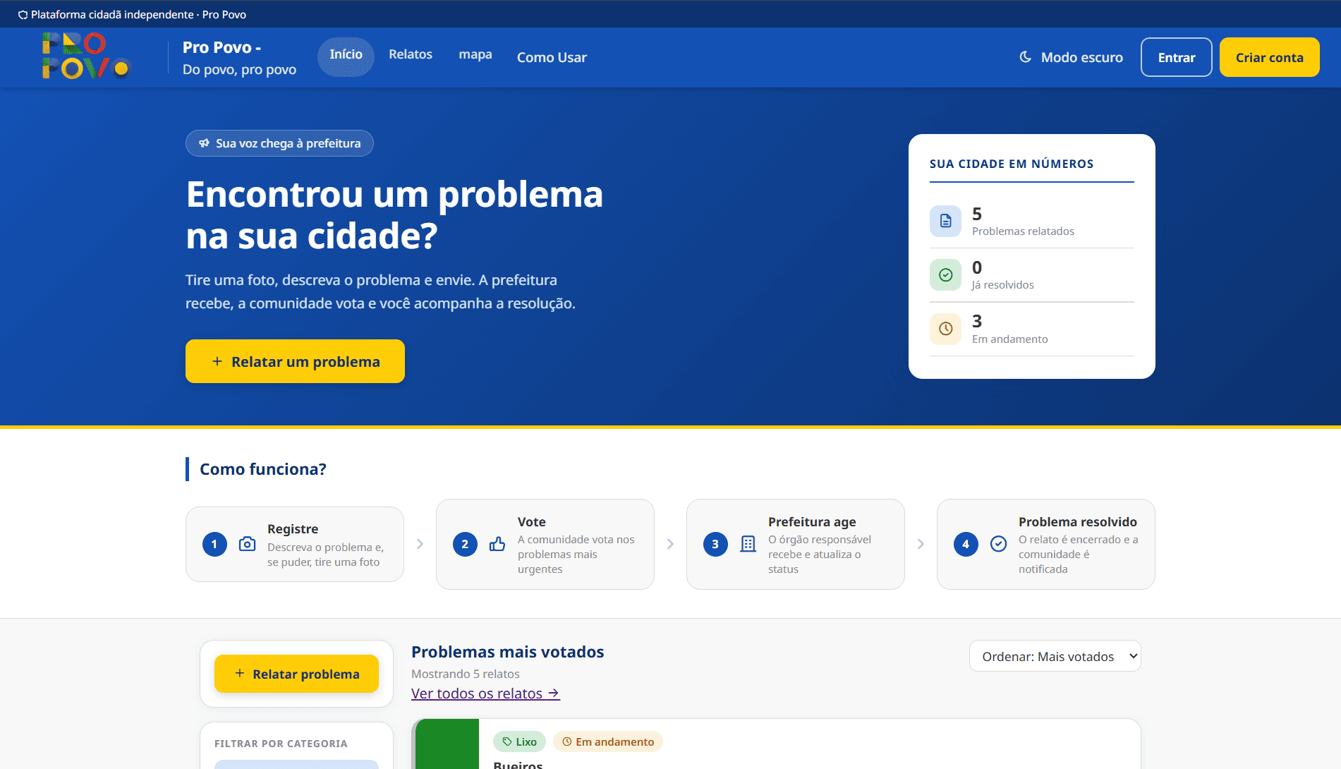 Botão Relatar um problema na página inicial